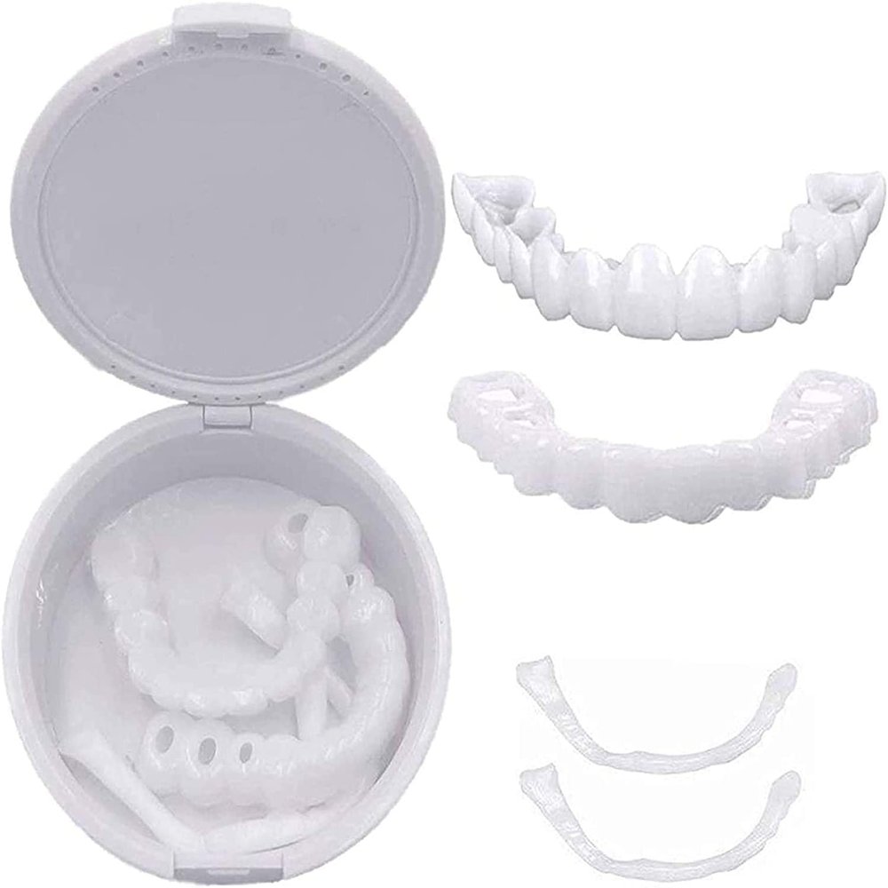 Giural 2 Pairs Instant Veneers Dentures, Cosmetic Teeth Veneers Temporary Denture Fake Teeth Smile Veneers Snap in Teeth, Snap on Veneers False Teeth Instant Teeth Whitening Kit for Men and Women