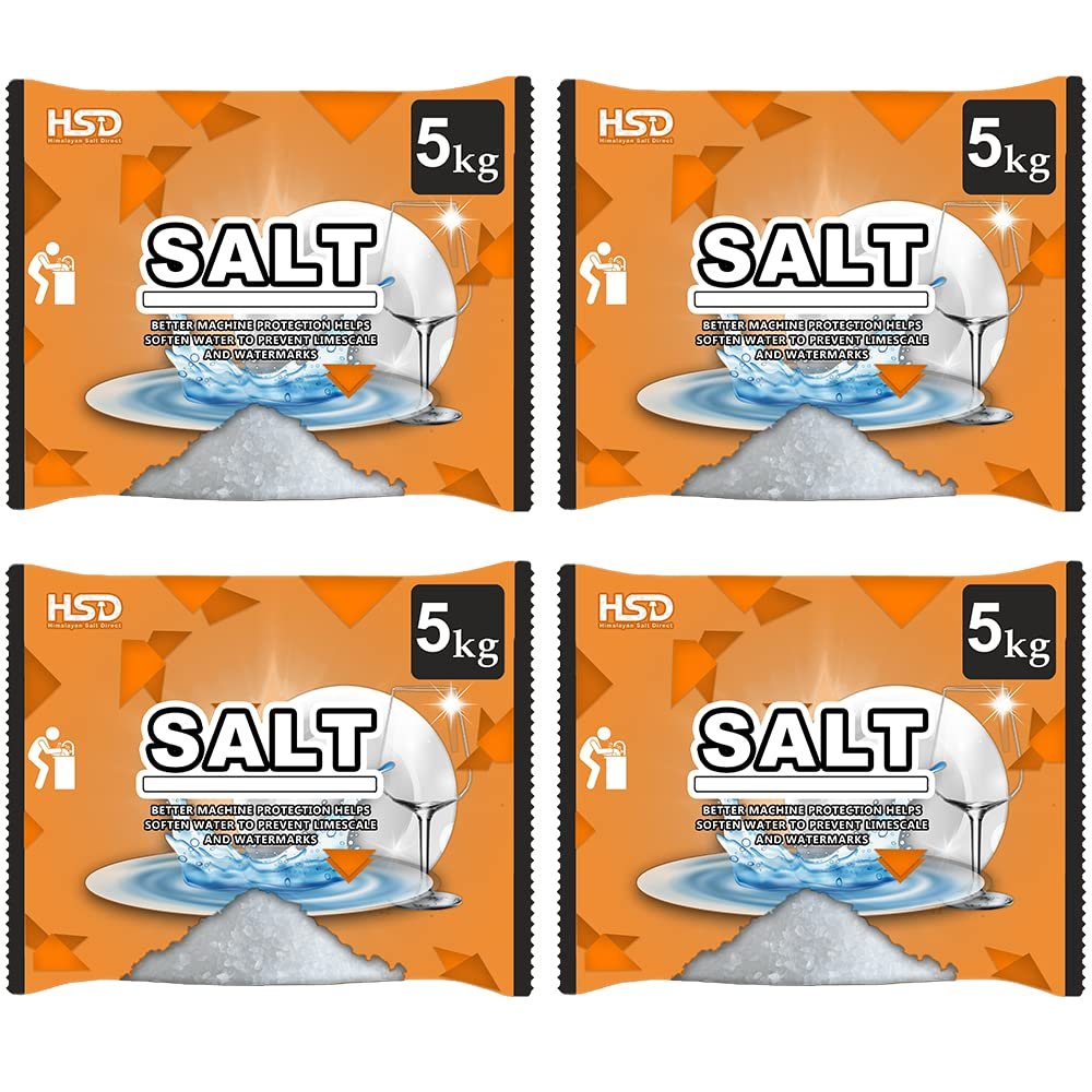 dishwasher salt 5kg powerful crystal, limescale remover on your glassware and water softener, life & improving its performance, 99% purity (4 pack)