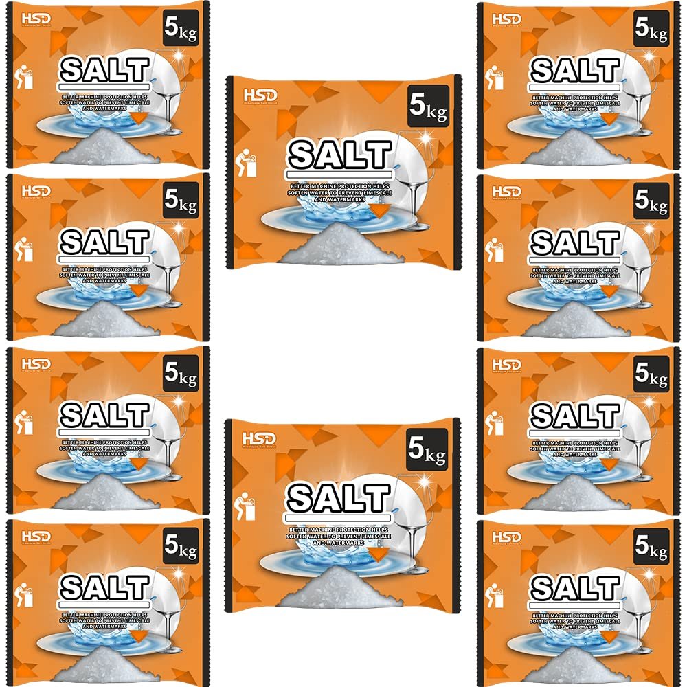 dishwasher salt 5kg powerful crystal, limescale remover on your glassware and water softener, life & improving its performance, 99% purity (10 pack)