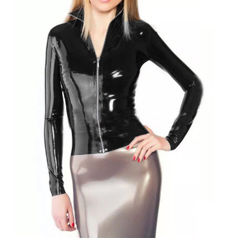 Casual Turtleneck Middle Zipper Elastic Jackets Long Sleeve Ladies PVC Club Dancing Top,Black,XXL