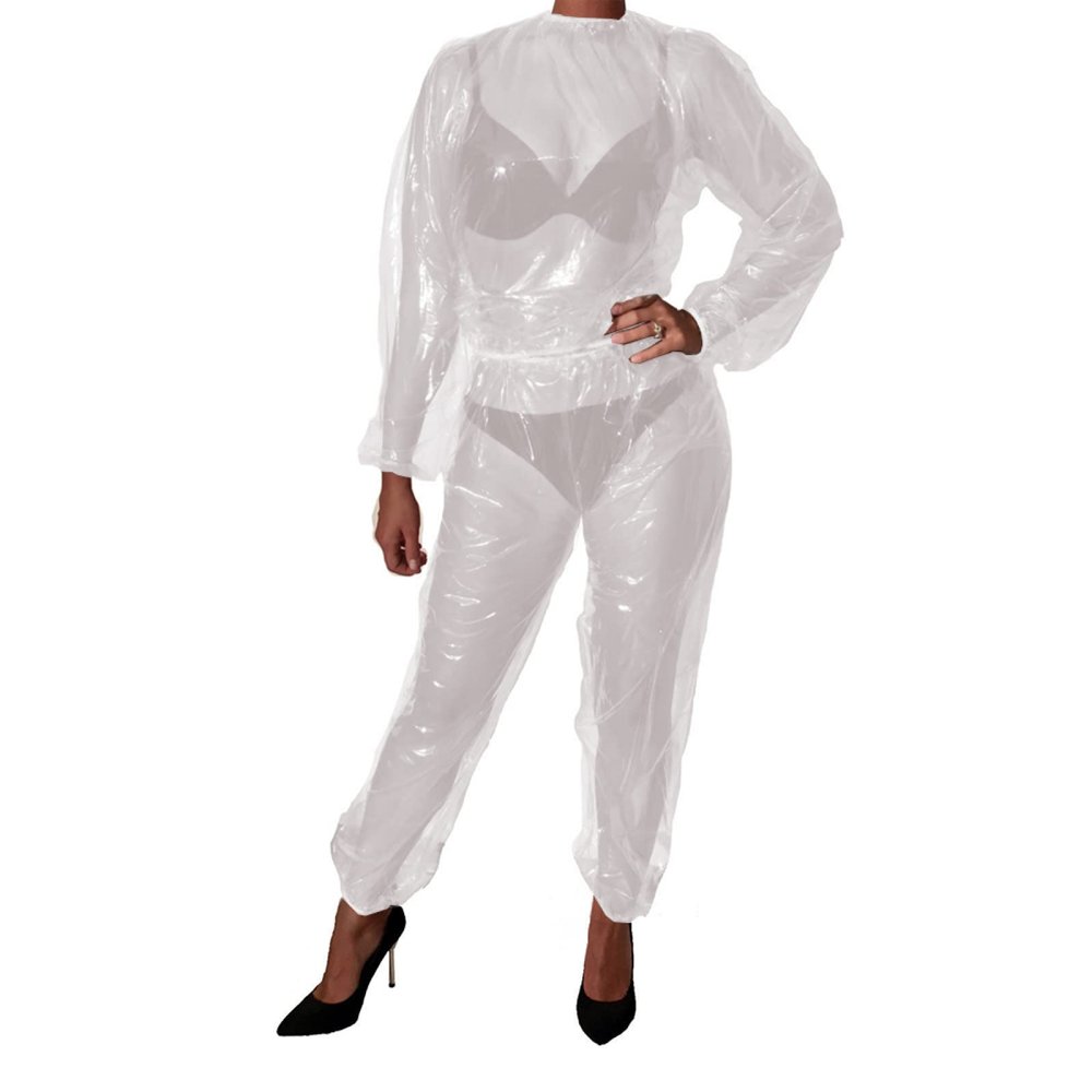 Plastic Two Piece Overalls Clear PVC Loose Tops Trousers Set Elasticated Waist Cuffs and Ankles Outfit,White,S