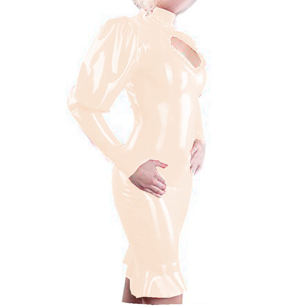 Women Latex Long Sleeve Bodycon Mini Dress High Neck Slim Party Club Short Dress Vestidos Club Party Leather PVC Dresses,Apricot,XS