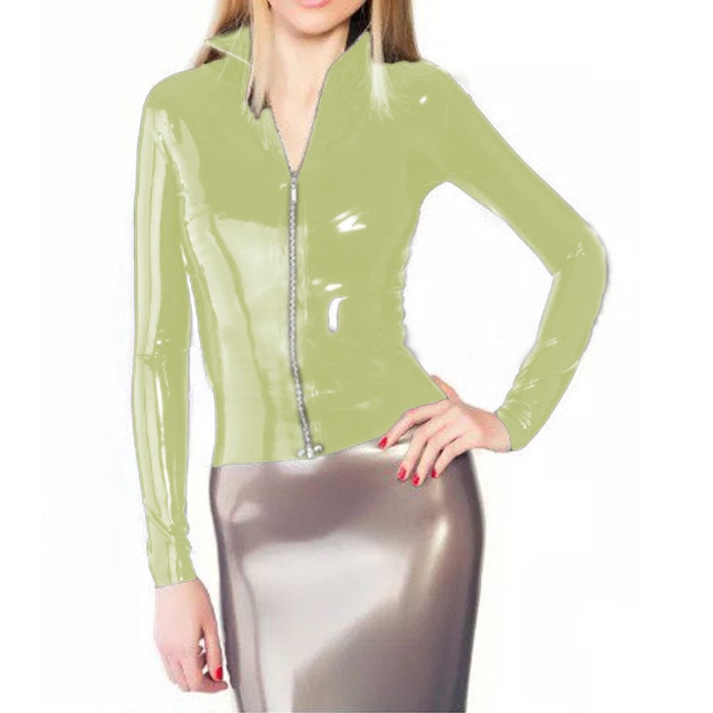 Casual Turtleneck Middle Zipper Elastic Jackets Long Sleeve Ladies PVC Club Dancing Top,Fruit Green,5XL