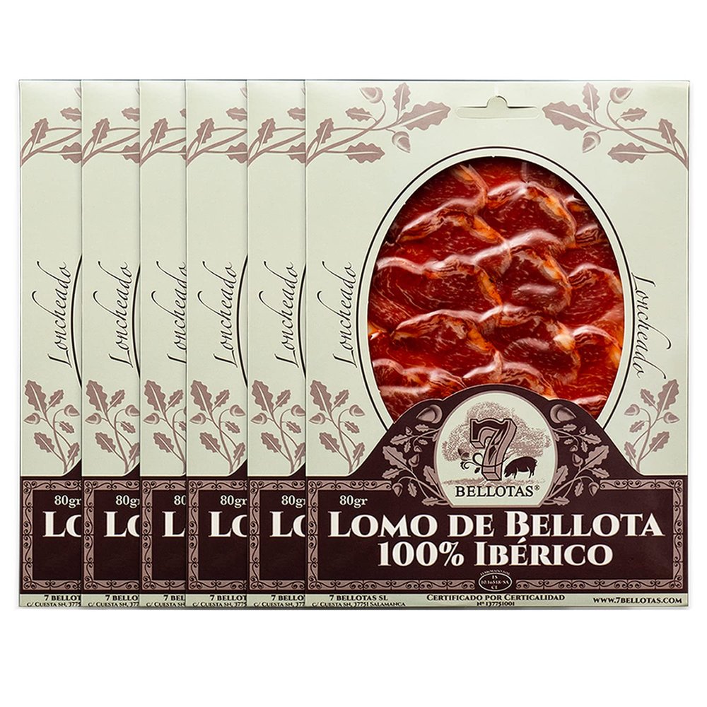 7 BELLOTAS 100% Iberico Cured Loin | Acorn-fed Cured Loin Made From Free-Range Iberian Pigs | Lomo Iberico de Bellota | Sliced 6 X 80 gr.