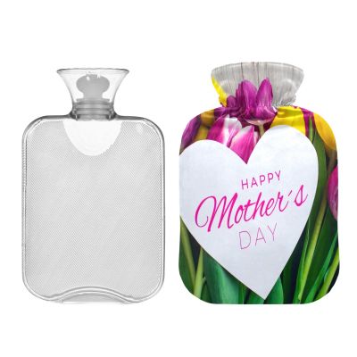 Mothers Day Tulip Wooden Background Hot Water Bottle with Velvet Cover, 1L Transparent Hot Water Bag for Neck and Shoulder Pain Relief, Bed Warmer