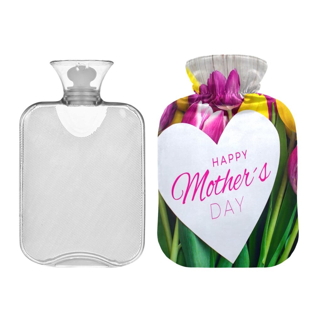 Mothers Day Tulip Wooden Background Hot Water Bottle with Velvet Cover, 1L Transparent Hot Water Bag for Neck and Shoulder Pain Relief, Bed Warmer
