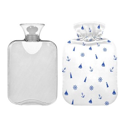 Cute Marine Anchor Lighthouse Pattern Hot Water Bottle with Soft Cover, 1 Liter Hot Water Bag for Neck and Shoulder Pain Relief, Hand Feet Warmer