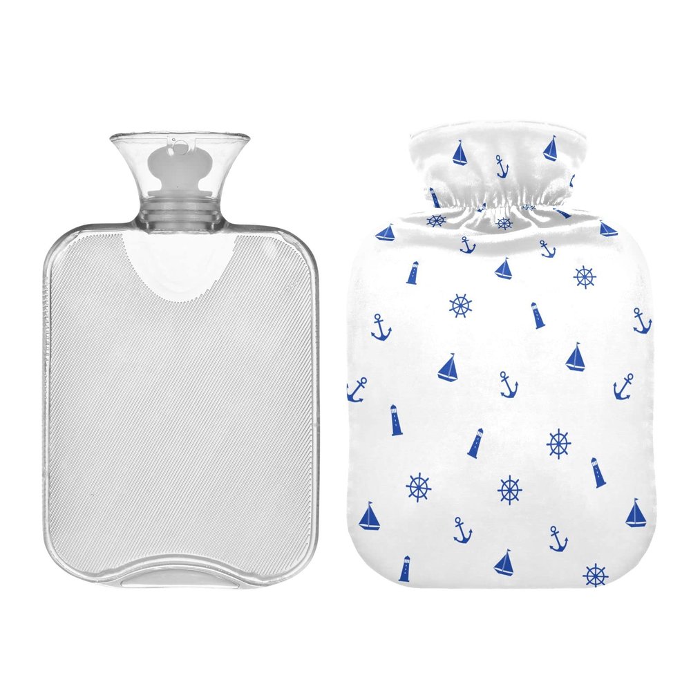Cute Marine Anchor Lighthouse Pattern Hot Water Bottle with Soft Cover, 1 Liter Hot Water Bag for Neck and Shoulder Pain Relief, Hand Feet Warmer