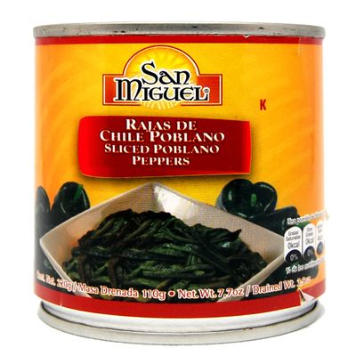 San Miguel Poblano Strips 24 x 220g Case/Mexican Canned Poblano Chilli Pepper Strips, Medium Hot Pickled Chillies