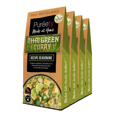 Pureety | GLUTEN FREE Thai Green Curry Recipe Seasoning | Restaurant quality meals made at home | One pack serves four | x 4 packs