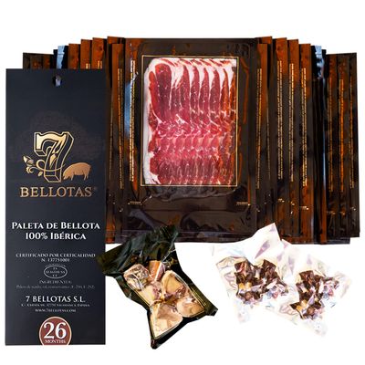 7 BELLOTAS 100% Iberico Ham Shoulder | Made From Acorn Fed Iberico Pigs and Natural Curation Process | Spanish Jamon Pata Negra | Jamon Iberico Bellota | 26 Months (Sliced 20 X 100 gr. + tacos)