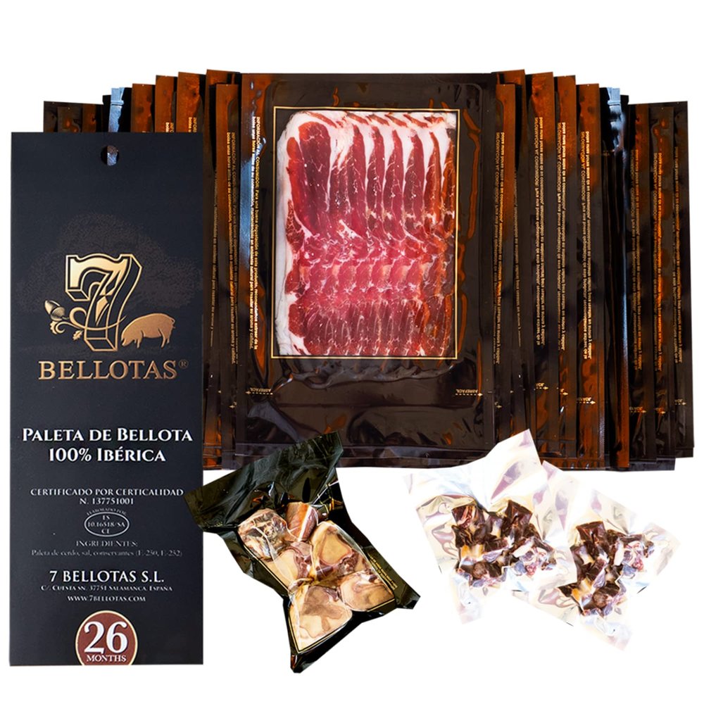 7 BELLOTAS 100% Iberico Ham Shoulder | Made From Acorn Fed Iberico Pigs and Natural Curation Process | Spanish Jamon Pata Negra | Jamon Iberico Bellota | 26 Months (Sliced 20 X 100 gr. + tacos)
