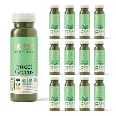 PRESS Healthfoods, 12 x 250ml Daily Sweet Greens, Cold Pressed Juice, Green Juice containing Kale, Spinach, Celery, Romaine, Cucumber, Apple and Lemon, Healthy Drink or Snack