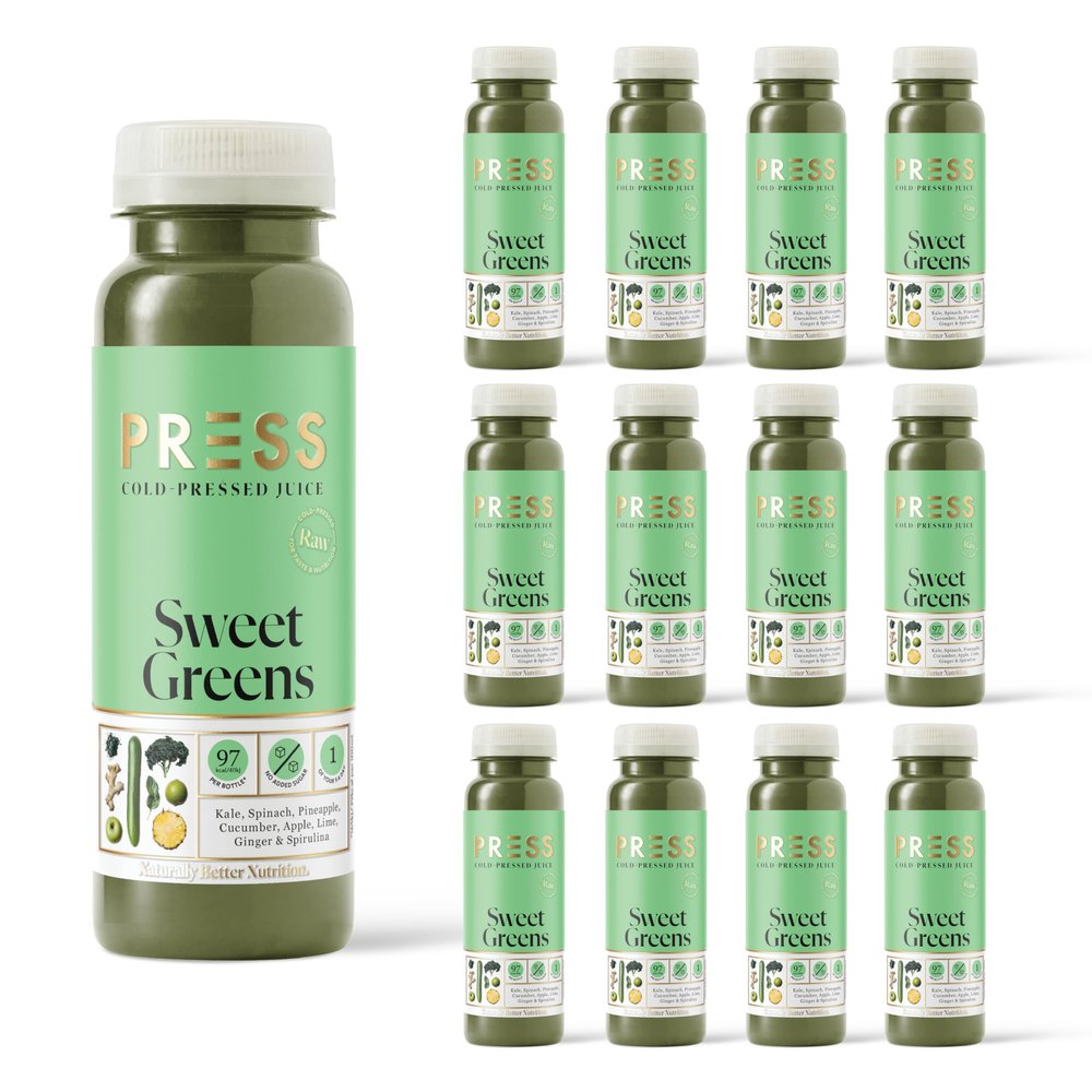 PRESS Healthfoods, 12 x 250ml Daily Sweet Greens, Cold Pressed Juice, Green Juice containing Kale, Spinach, Celery, Romaine, Cucumber, Apple and Lemon, Healthy Drink or Snack
