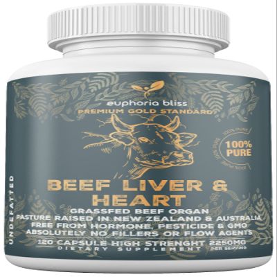 Grass Fed Desiccated Beef Liver & Heart Capsules 2250mg (120 Pills, 750mg Each)  CoQ10 - Energy - Digestion  Heart - Detoxification Non-GMO - Freeze Dried - Pasture Raised Undefatted in New Zealand
