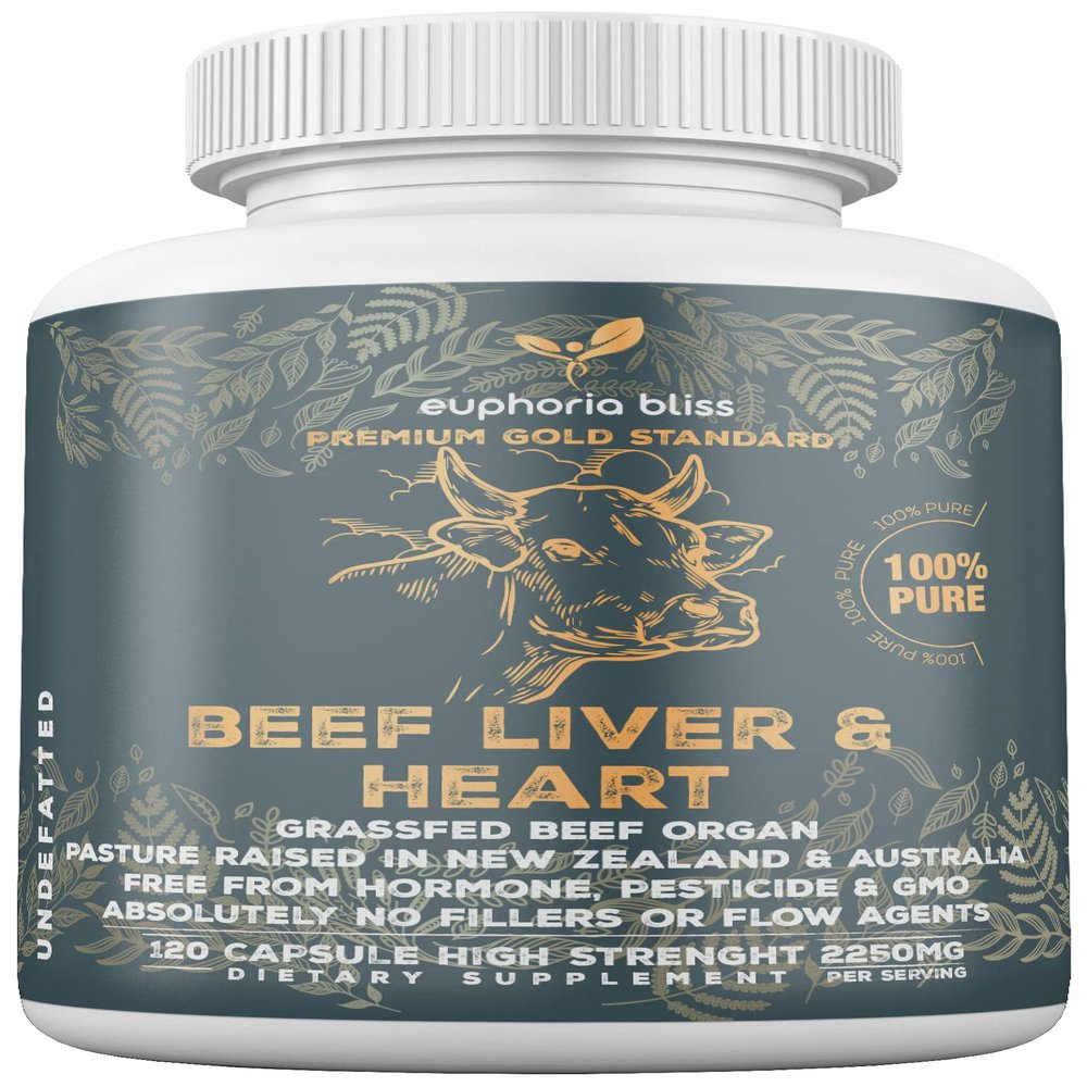 Grass Fed Desiccated Beef Liver & Heart Capsules 2250mg (120 Pills, 750mg Each)  CoQ10 - Energy - Digestion  Heart - Detoxification Non-GMO - Freeze Dried - Pasture Raised Undefatted in New Zealand