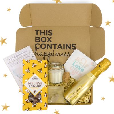 Little Box of Happiness Gift Set - Pamper Gifts For Women, Wine Gift For Her, Best Friend Gift, Birthday Gift With Soy Candle, Chocolate Hamper Gifts For Women (Gold)