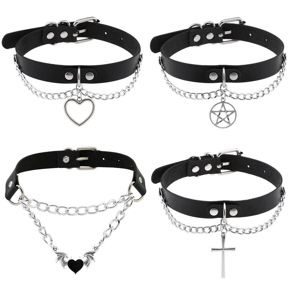 LAIFEKE 4Pcs Punk Chain Choker PU Leather Collar Harajuku Collar Adjustable Size (01-Black)