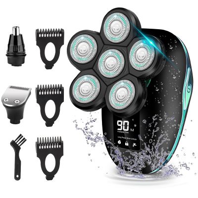 Sakioo Head Shaver, Upgrade 6 in 1 Electric Head Shaver for Bald Men, IPX7 Waterproof Cordless Rotary Razor with LED Display, Face Head Shaver with Nose Hair Sideburns Trimmer