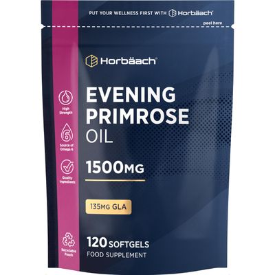 Evening Primrose Oil 1500mg | High Strength with Omega 6 and GLA | Cold-Pressed | 120 Softgel Capsules | by Horbaach
