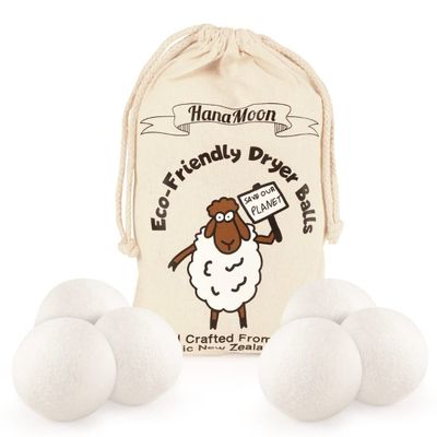 HanaMoon Eco-Friendly Wool Tumble Dryer Balls  Organic Fabric Softener, Reduce Wrinkles & Drying Time, Save Energy, Reusable, Handmade, 100% New Zealand Wool, Baby Safe & Unscented, (Pack of 6)