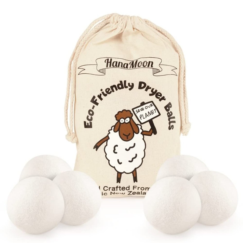 HanaMoon Eco-Friendly Wool Tumble Dryer Balls  Organic Fabric Softener, Reduce Wrinkles & Drying Time, Save Energy, Reusable, Handmade, 100% New Zealand Wool, Baby Safe & Unscented, (Pack of 6)