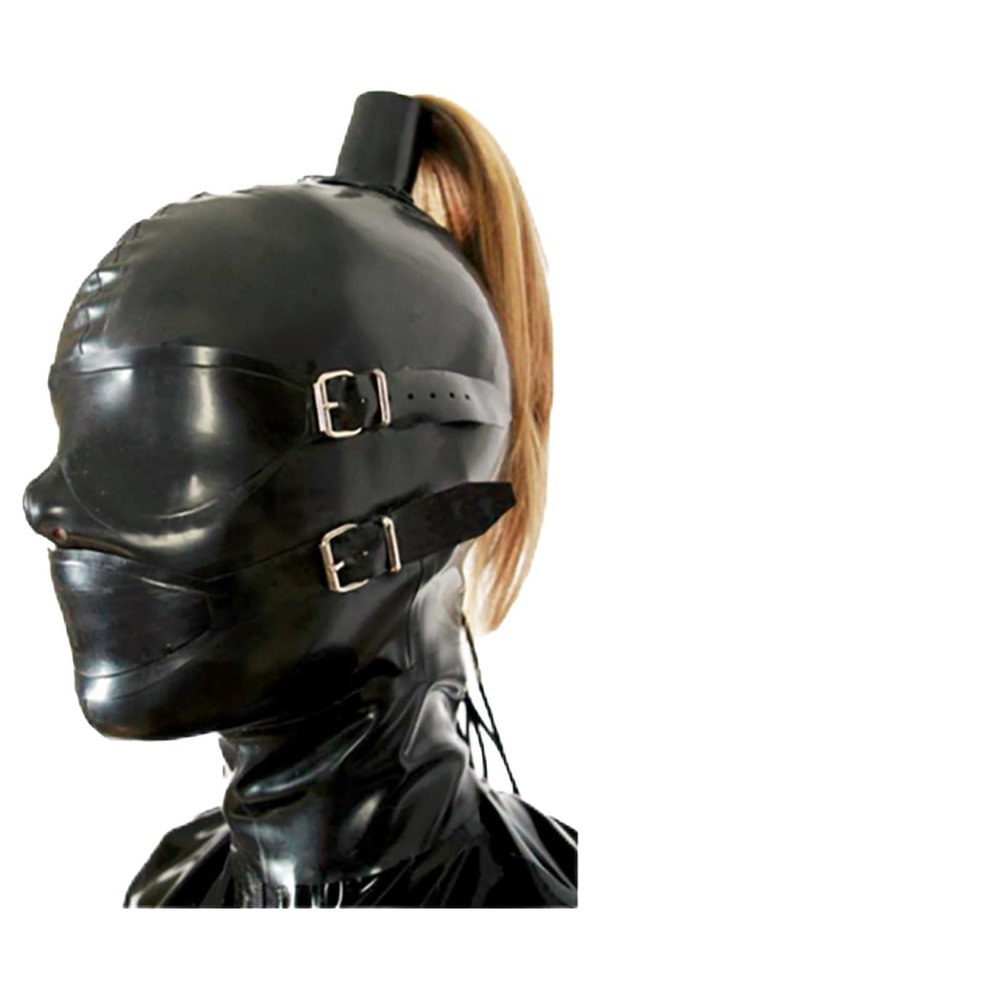 SALANSEX Latex Hood with Eye Patch and Mouth Plug, Sex Face Mask with Zipper and Plait, for BDSM, Party, Cosplay, Holiday