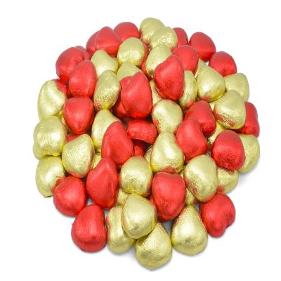 Wyeland Confectionery Red & Gold Luxury Milk Chocolate Hearts Foil-Wrapped - Pack of 50 - For Wedding Favours and Mothers Day