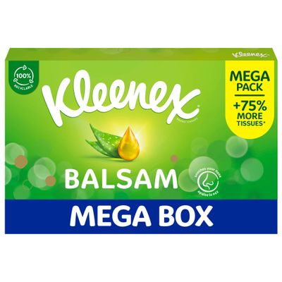 Kleenex Balsam Tissues, Mega Pack - 112 Sheets - Balm Tissues Protect and Soothe Your Nose When You've Got a Cold - with Aloe Vera, Vitamin E and Calendula