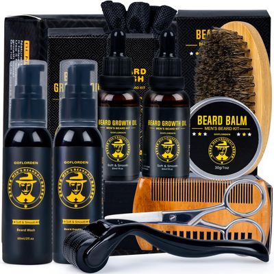Beard Kit, Beard Grooming Kit for Men, Beard Growth Kit with Beard Roller, 2 Pack Beard Growth Oil, Beard Shampoo, Beard Conditioner, Beard Brush, Beard Balm, Beard Comb, Scissors