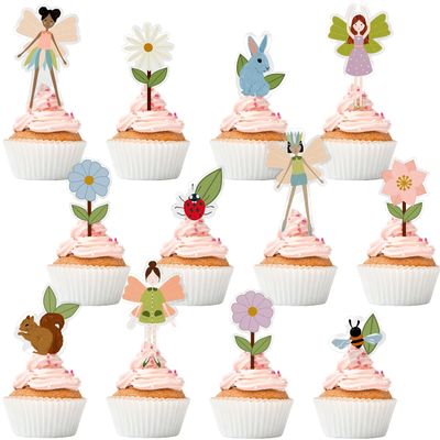 Cheerland Fairy Cupcake Toppers Birthday Party Cupcake Toppers Fairy Cake Decoration Woodland Garden Baby Shower Dessert Picks Spring Decorations for Girls Enchanted Forest Party Supplies Pack of 24