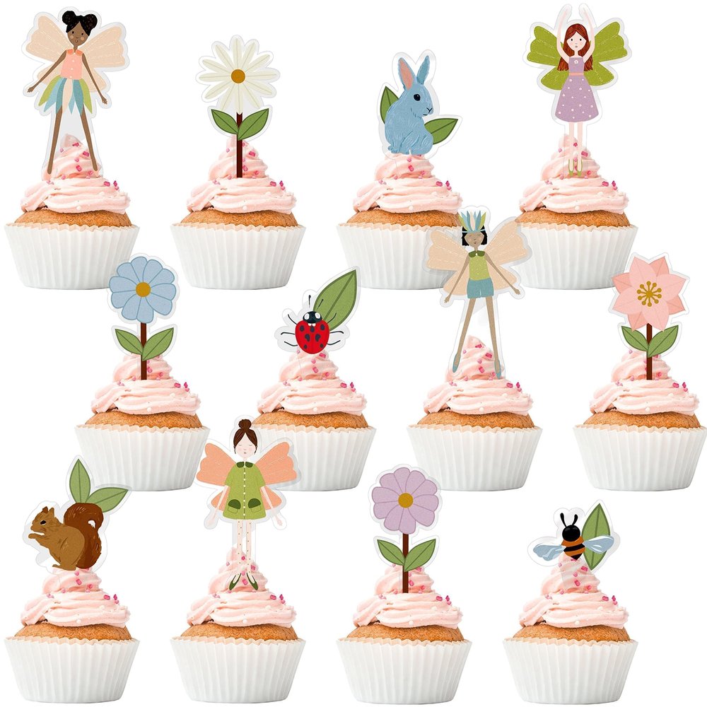 Cheerland Fairy Cupcake Toppers Birthday Party Cupcake Toppers Fairy Cake Decoration Woodland Garden Baby Shower Dessert Picks Spring Decorations for Girls Enchanted Forest Party Supplies Pack of 24