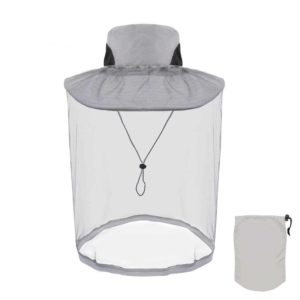 Grantop Midge Head Net Hat, Grey Nylon Mosquito Head Net with Hat, Portable Face Net Mesh with Hat for Outdoor Hiking Camping Climbing Fishing and Walking(Light Grey) (FWM-X01)