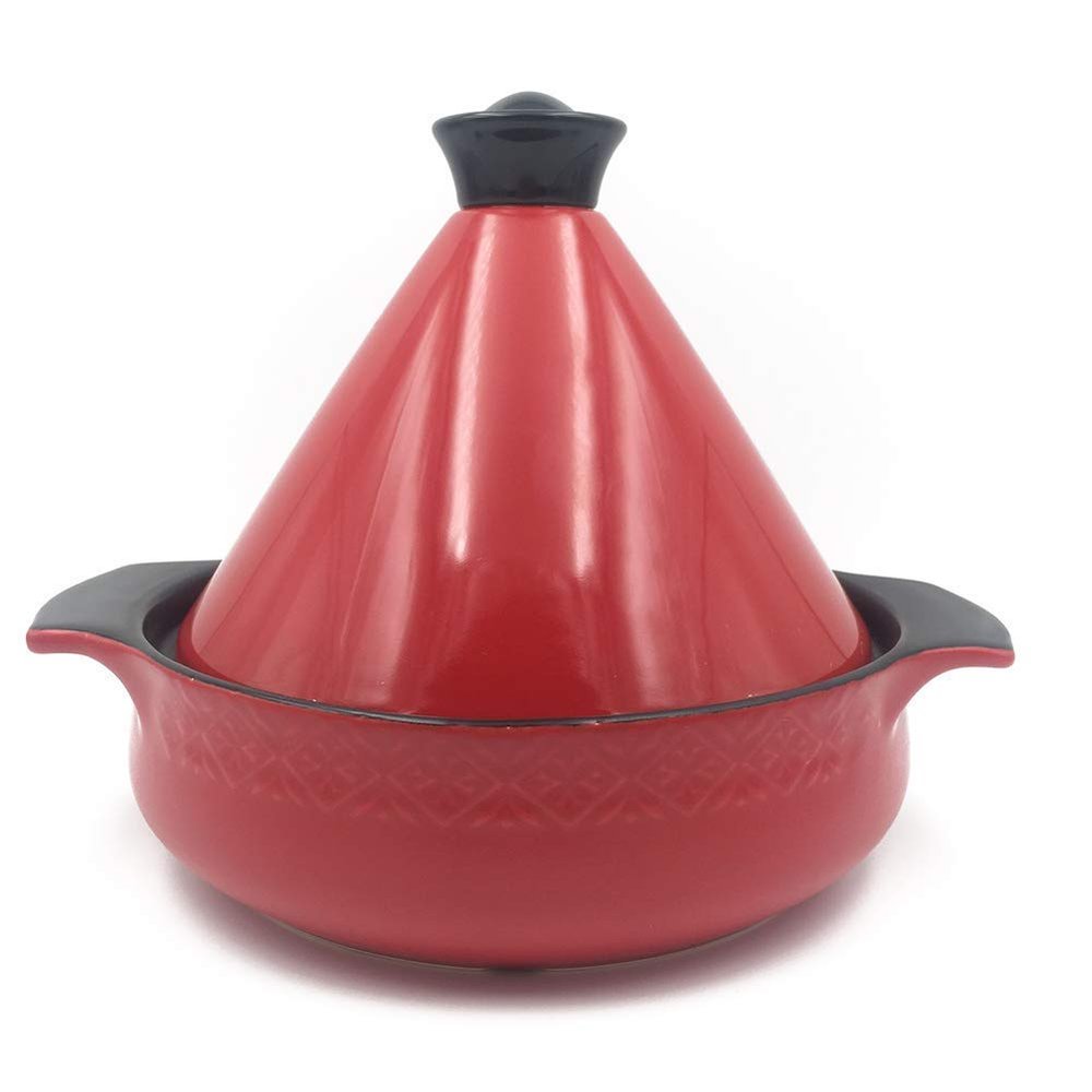 Braiser Pan Healthy Pot Clay Pot for braising, Hand Cooking Earthenware Pot, Ceramic Pot with red lid (Red 1.58Quart)