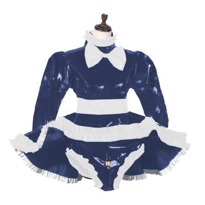 Long Sleeve Dress PVC Pant Dress Lockable Outfit Shiny,Dark Blue,7XL