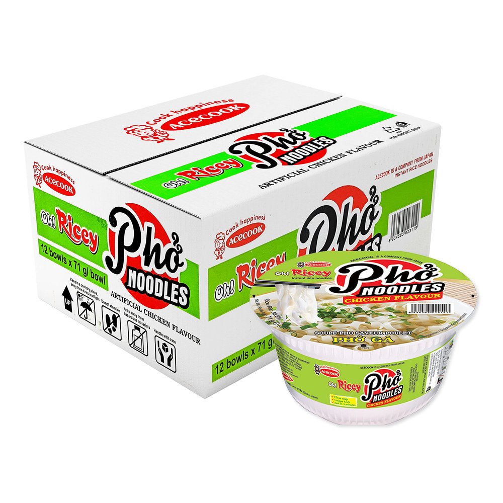 Acecook Oh! Ricey Instant Rice Noodle - Pho Noodles Chicken Flavour 71g (12 Bowls)