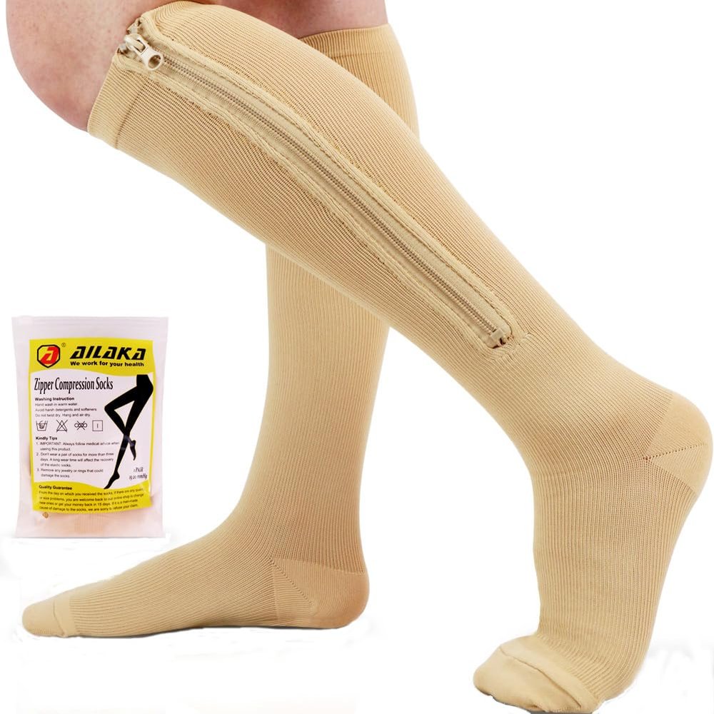Ailaka 15-20 mmHg Zipper Compression Socks for Women Men, Closed Toe Support Graduated Medical Varicose Veins Hosiery, Perfect for Athletics, Running, Flight Travel, Support, Edema, Pregnancy