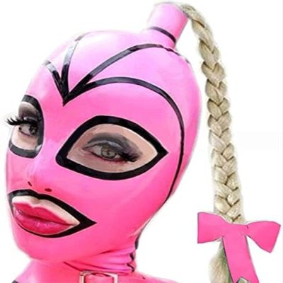 Sexy Pink Black Stripe Rubber Hood Latex Mask with Twist Braid Wig Back Zipper Fetish Club Ball Cosplay,with Blond Wig,Medium
