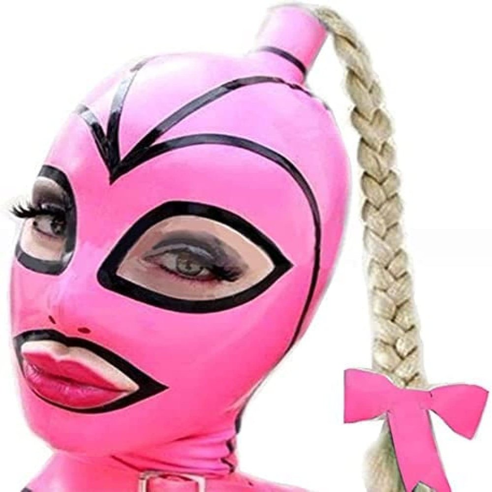 Sexy Pink Black Stripe Rubber Hood Latex Mask with Twist Braid Wig Back Zipper Fetish Club Ball Cosplay,with Blond Wig,Medium
