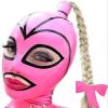 Sexy Pink Black Stripe Rubber Hood Latex Mask with Twist Braid Wig Back Zipper Fetish Club Ball Cosplay,with Blond Wig,Medium view 1