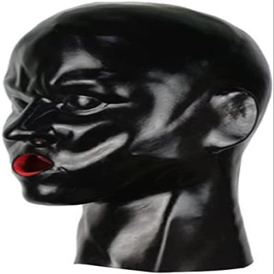Anatomical Latex Mask Heavy Rubber Hood Lined with Red Mouth Sheath Tongue and Nose Tube,Black-Men,One Size