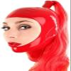 Latex Hood with Ponytail Wig Back Zipper Open Face Rubber Mask Cos Club Wear,Black,XX-Large view 3