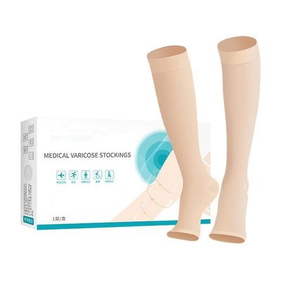 Compression Socks 21-32mmHg Medical varicose Veins Compression Socks Stockings for Women Comfortable Breathable - Open Toe Opaque, Beige (XL)