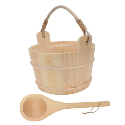 Alipis Classic Wooden Sauna Bucket and Wooden Ladle Set Plastic Liner for Sauna and Steam Room Use Practical Wood Barrel Bath Accessory for Water Pouring and Showering