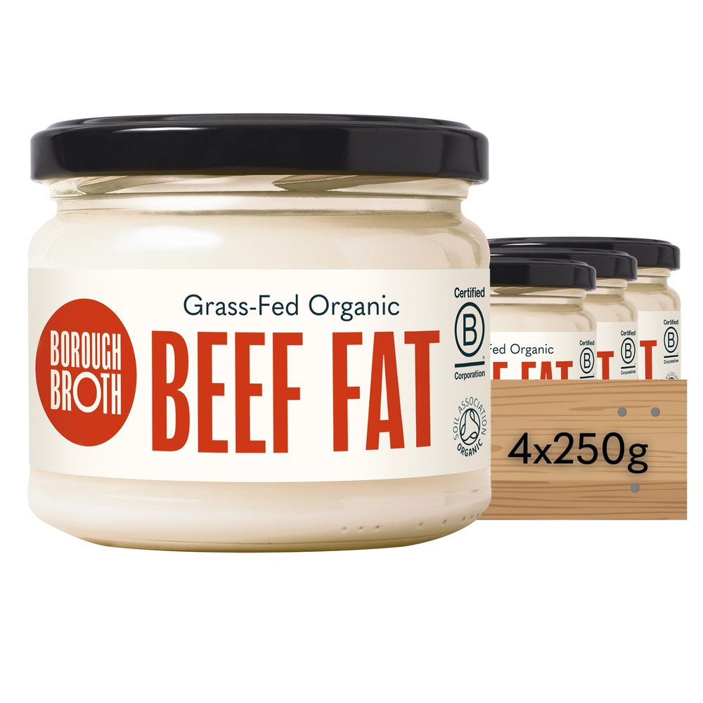 Borough Broth Organic Grass Fed Beef Tallow  4 x 250g Jar  Organic Tallow  Grass-Fed Alternative to Oil & Butter  Natural Beef Dripping for Roasting & Frying