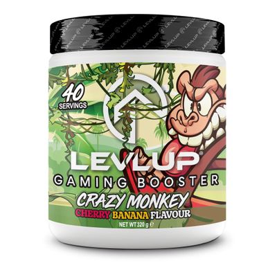 LevlUp Crazy Monkey Gaming Booster, Energy, Focus and Concentration Drink for Gamers with Taurine, Caffeine, L-Tyrosine and Vitamin B12, Cherry and Banana Flavour, 320 g, 40 Servings