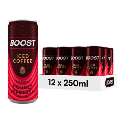 Boost Iced Coffee Double Espresso | 12 Canned Drinks with High Caffeine, Arabica and Robusta Beans and Milk | Bulk Pack | Gluten Free Espresso Multipack, 12x250ml