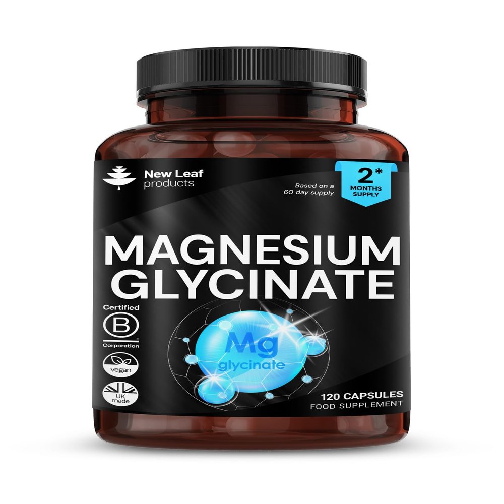 Magnesium Glycinate - 120 High Strength Capsules Pure 1040mg of Providing 208mg Elemental Per Serving -Magnesium Supplements  Bones, Muscle Health, Vegan, UK Made by New Leaf Products