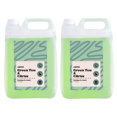Liquipak Vegan Washing Up Liquid Refill  Green Tea & Citrus, 2x5 Litres. 100% vegan & cruelty-free, removes tough stains and grease with ease, fresh citrus scent.