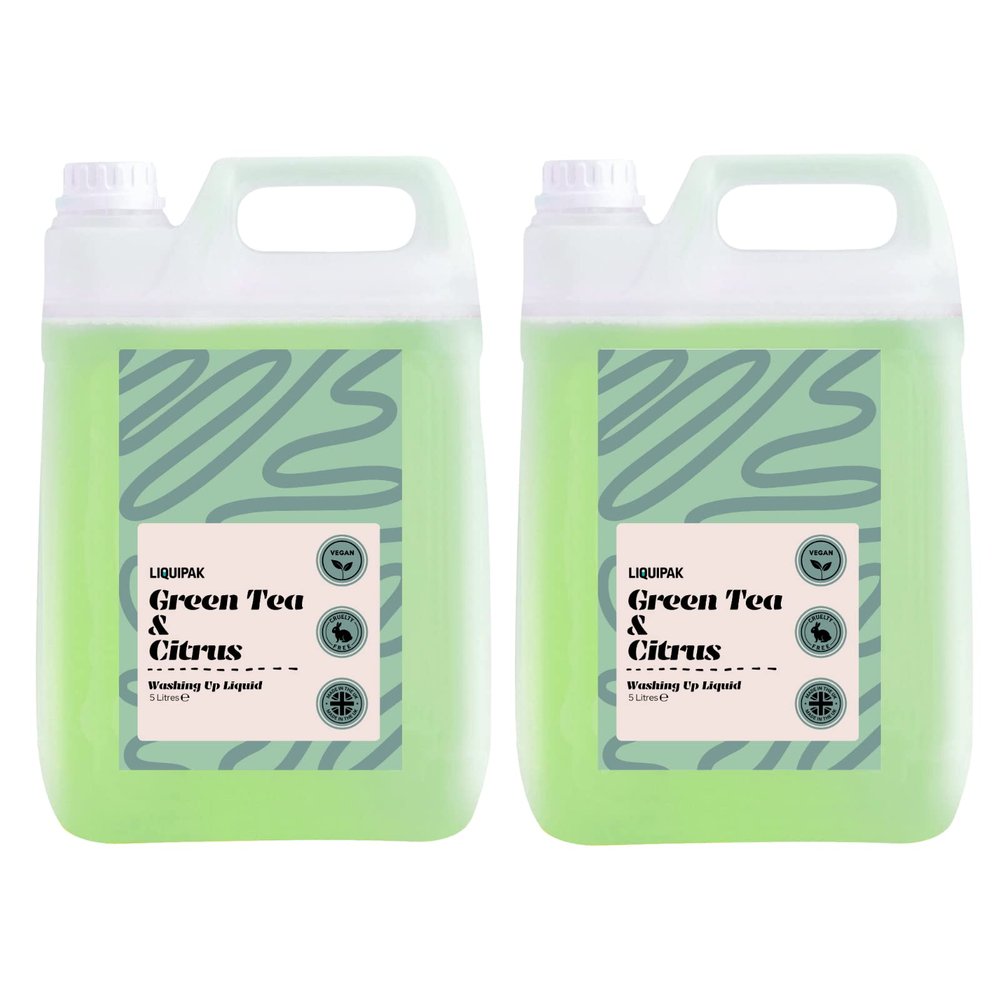 Liquipak Vegan Washing Up Liquid Refill  Green Tea & Citrus, 2x5 Litres. 100% vegan & cruelty-free, removes tough stains and grease with ease, fresh citrus scent.